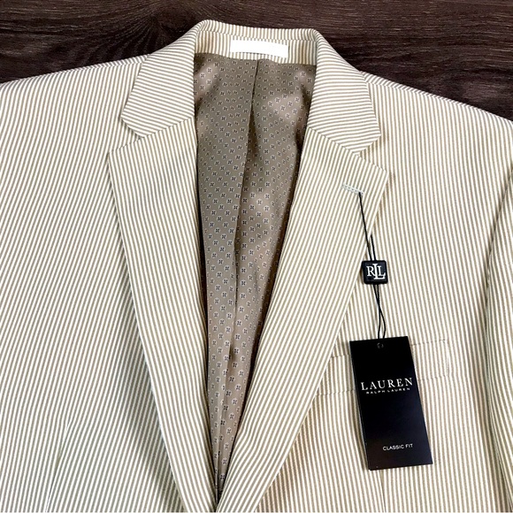 Lauren Ralph Lauren Mens Classic Fit 2 Piece Suit Jacket & Trouser - Tan & White - Picture 2 of 13